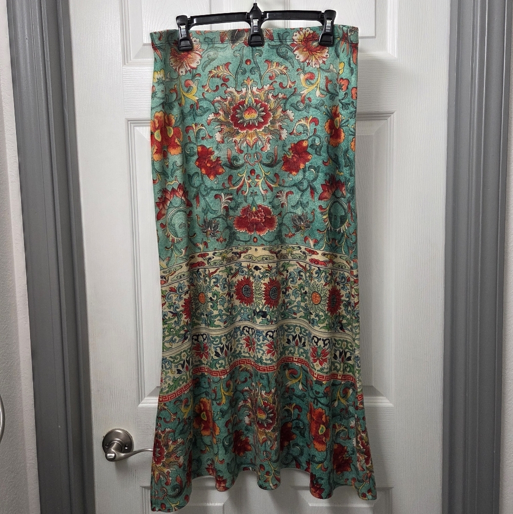 amma Fairy Whimsical Cottage Peasant  Floral Romance Maxi Skirt Aqua Red Size XL - Picture 2 of 7